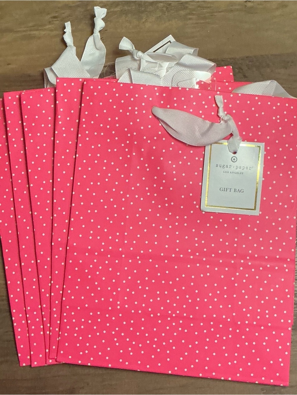 💟 Sugar Paper Los Angeles Pink Polka Dot Gift Bags Lot of 5 White Ribbon Handles